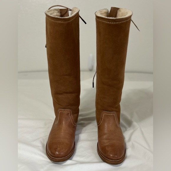 Frye Riding Cozy Tall leather Shearling lined Equestrian Boots Lace Up Back - Picture 3 of 13